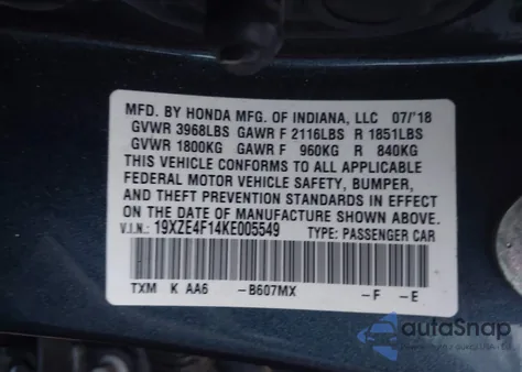 2019 Honda Insight Lx from USA, damaged, VIN 19XZE4F14KE005549